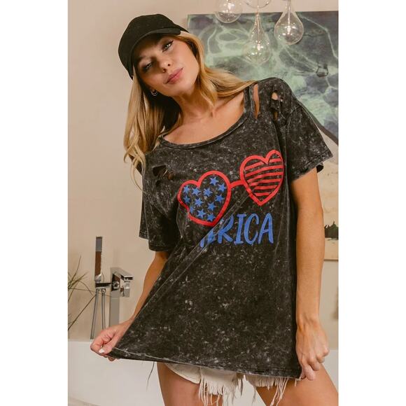 BiBi 4th Of July Theme Mineral Washed Laser Cut Round Neck Top | Black Charcoal - Picture 8 of 11